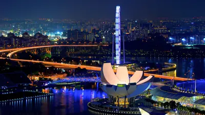 ArtScience Museum — The lotus-shaped ArtScience Museum lit up at night beside Marina Bay, with the city skyline behind