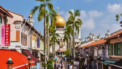 Kampong Glam — The golden dome of Sultan Mosque rising above palm trees and shophouses in Kampong Glam
