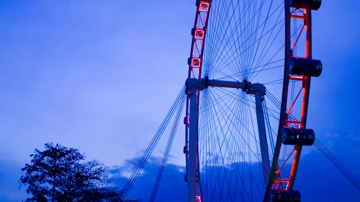Singapore Flyer — The Singapore Flyer wheel lit red against a deep blue evening sky