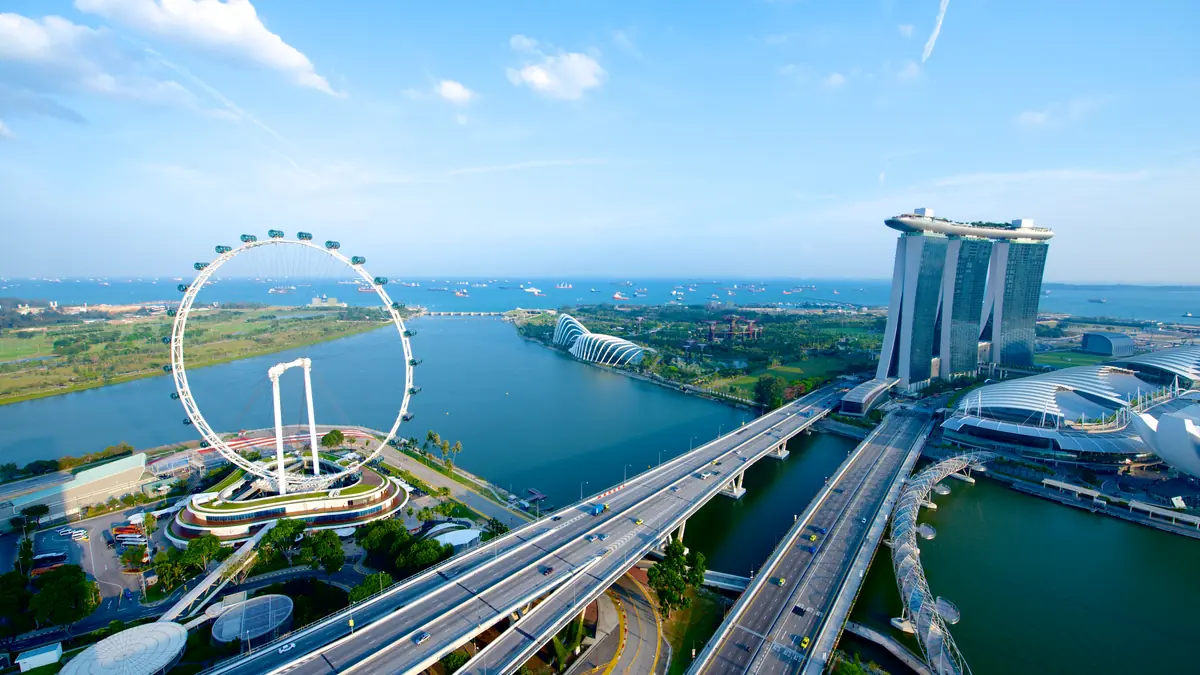 Singapore Flyer — Aerial view of the Singapore Flyer beside Marina Bay Sands, Gardens by the Bay and the Benjamin Sheares Bridge