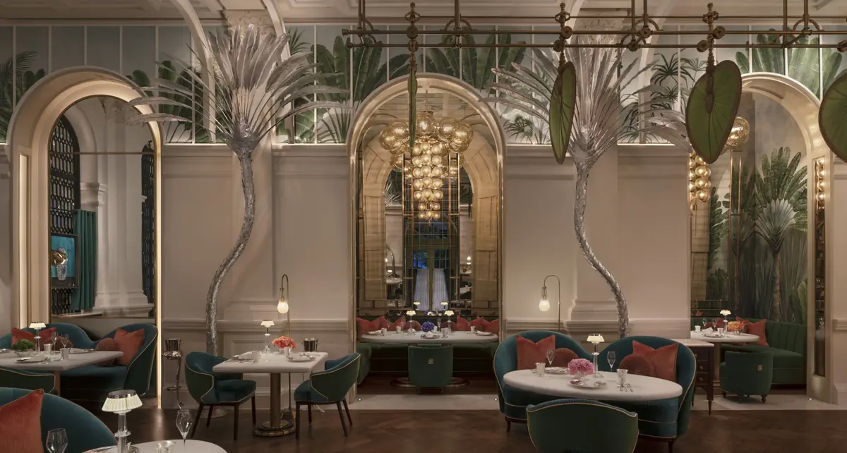 The 1887 by Andre dining room at twilight, Raffles Hotel Singapore