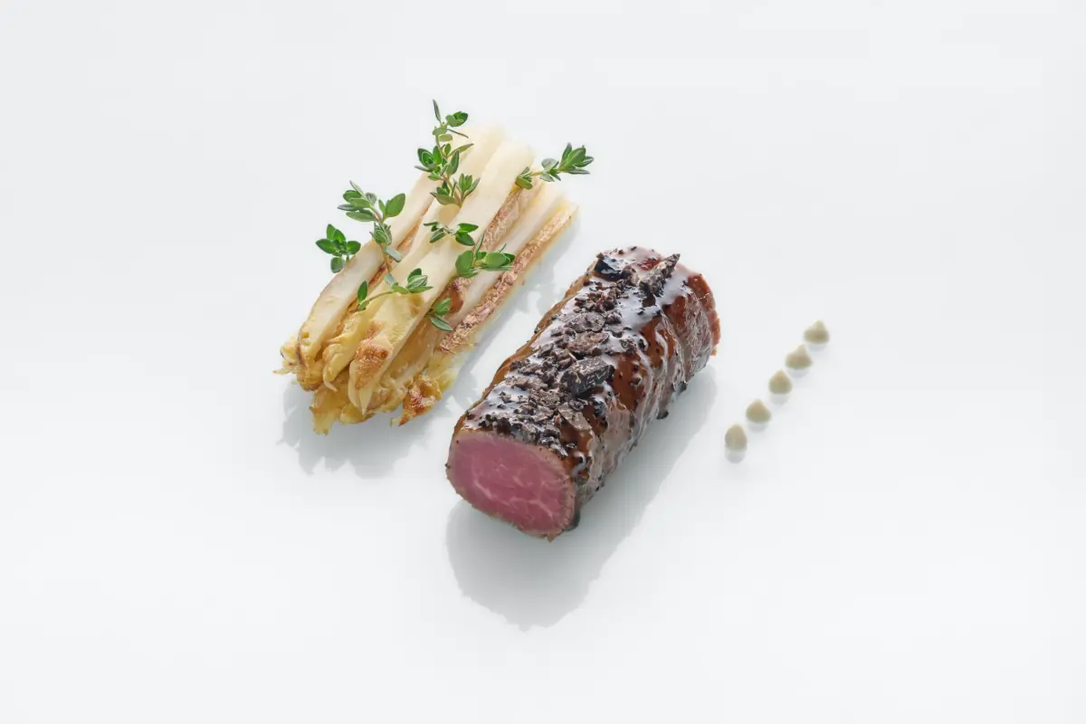 Kagoshima wagyu with white asparagus at JAAN by Kirk Westaway, Singapore