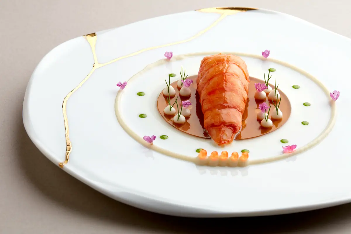 A lobster dish plated at Saint Pierre, Singapore