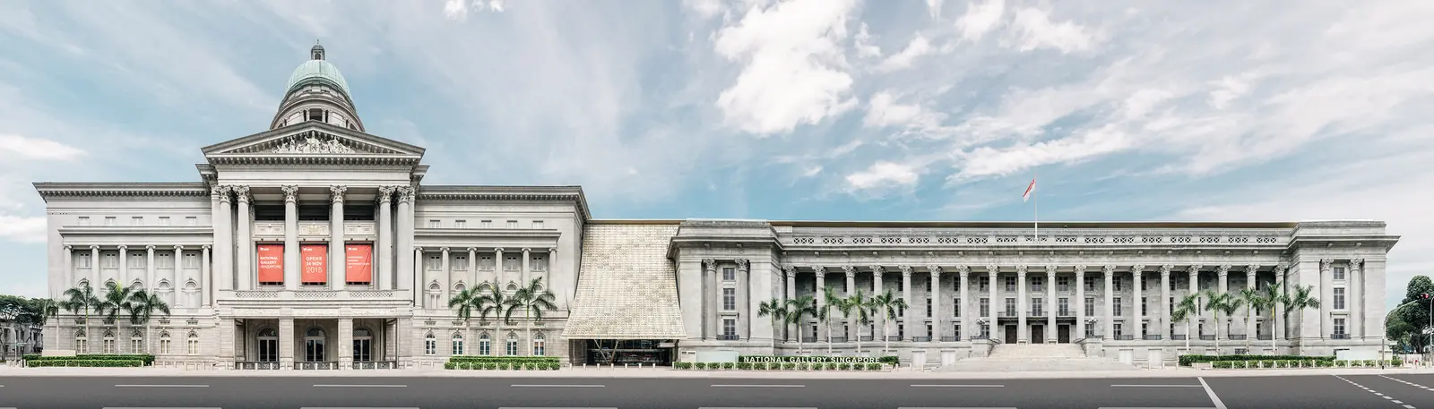 National Gallery Singapore — Wide panoramic facade of National Gallery Singapore, the former Supreme Court and City Hall joined by a bronze latticed canopy