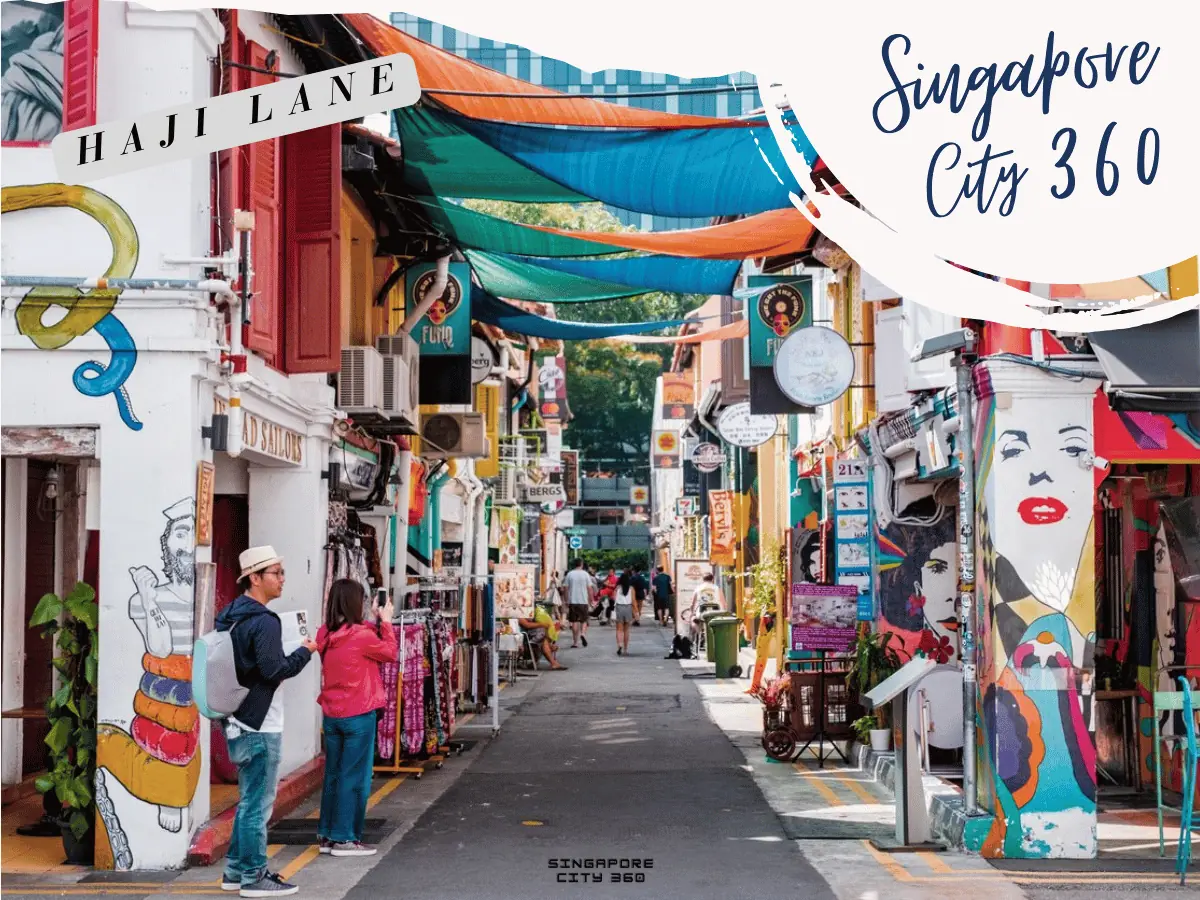 Haji Lane in Kampong Glam Singapore, murals and bars on a narrow shophouse street